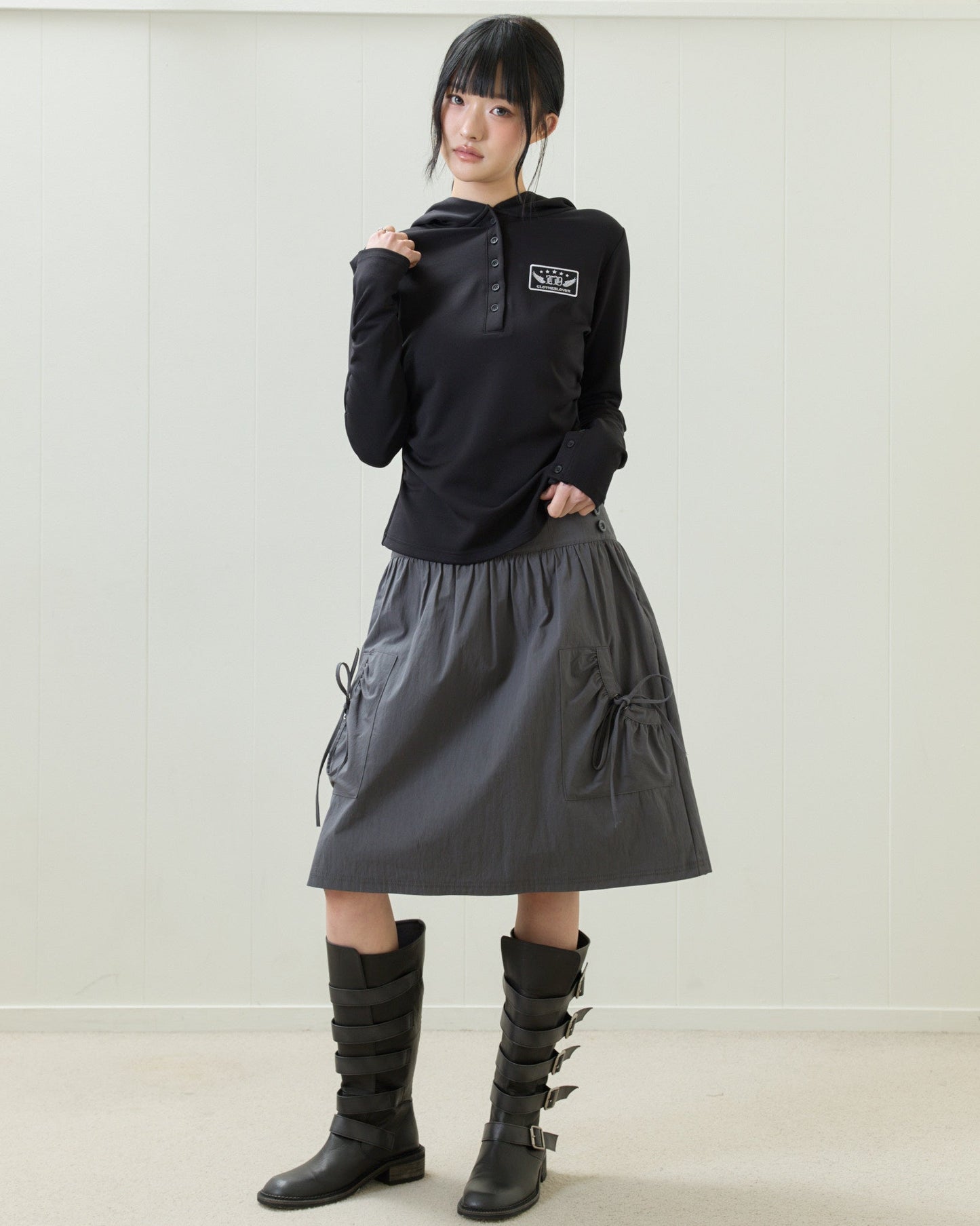 （韓国発送）EL POCKET SHIRRING MIDI SKIRT (CHARCOAL)