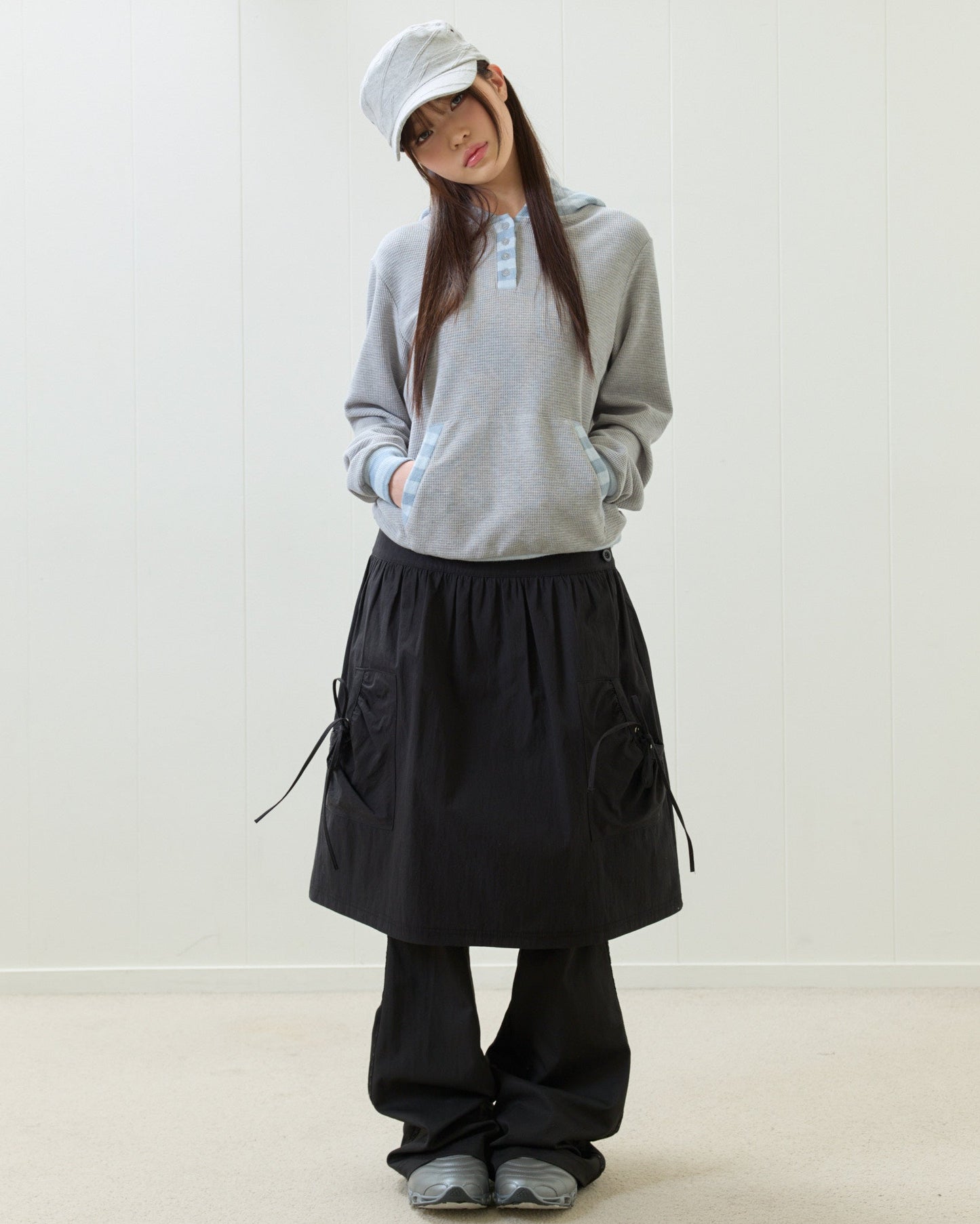 （韓国発送）EL POCKET SHIRRING MIDI SKIRT (BLACK)