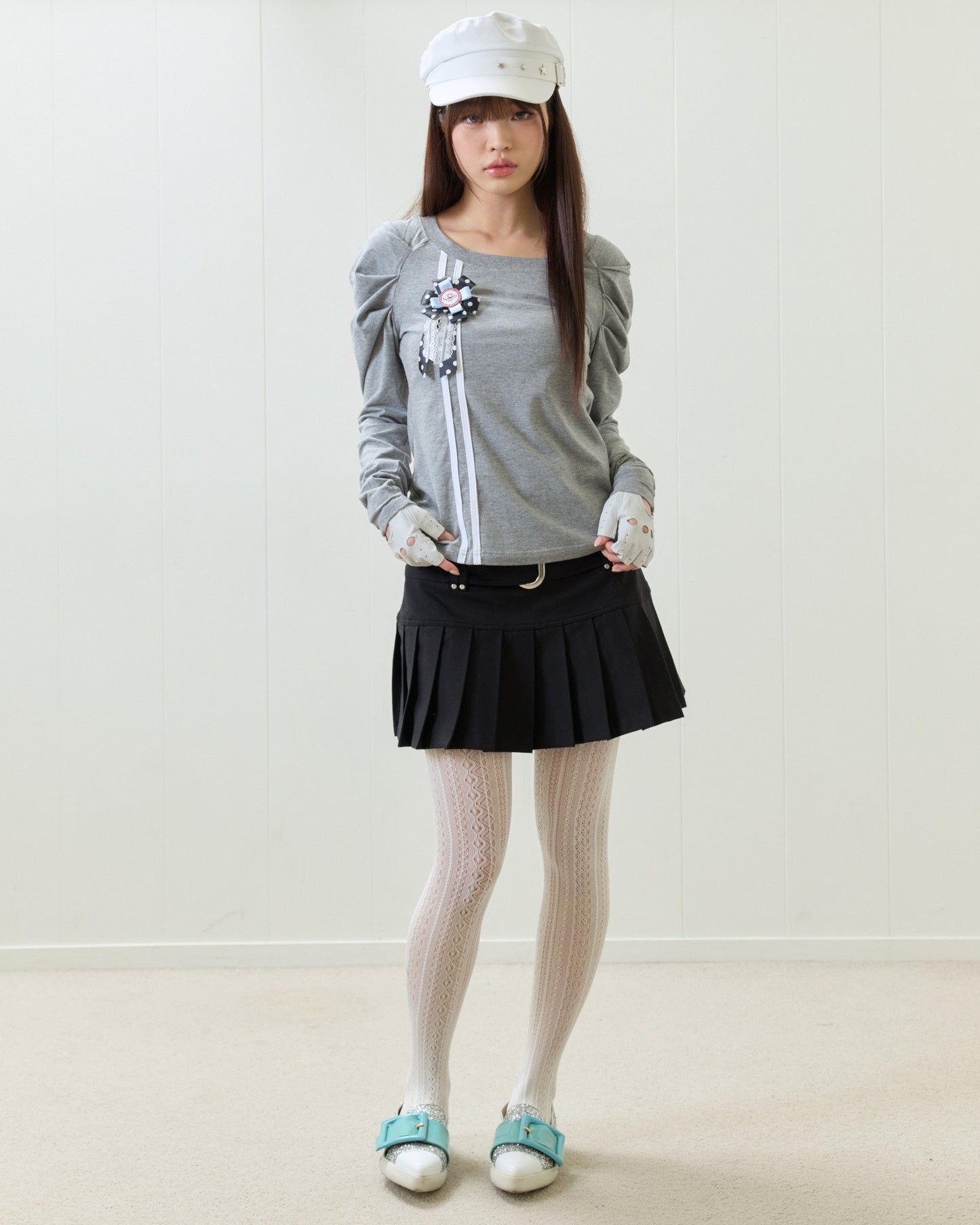 （韓国発送）EL ROSETTE SHIRRING TEE (GRAY)