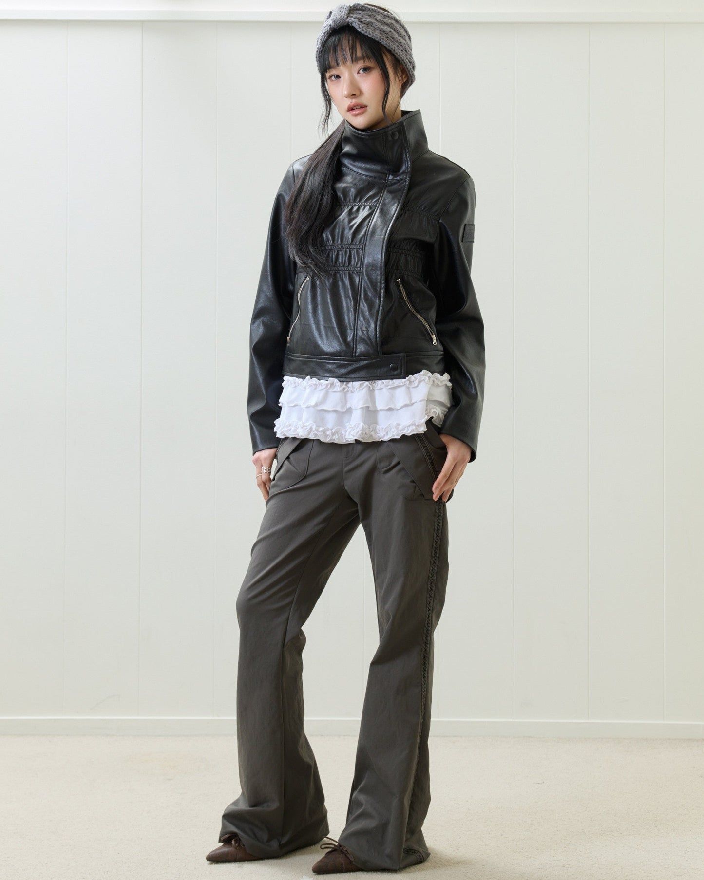 【女優 チェ・ヒジン着用】（韓国発送）EL SHIRRING LEATHER JACKET (BLACK)