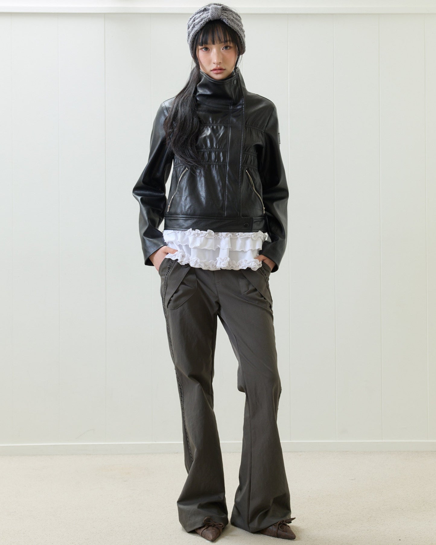 【女優 チェ・ヒジン着用】（韓国発送）EL SHIRRING LEATHER JACKET (BLACK)