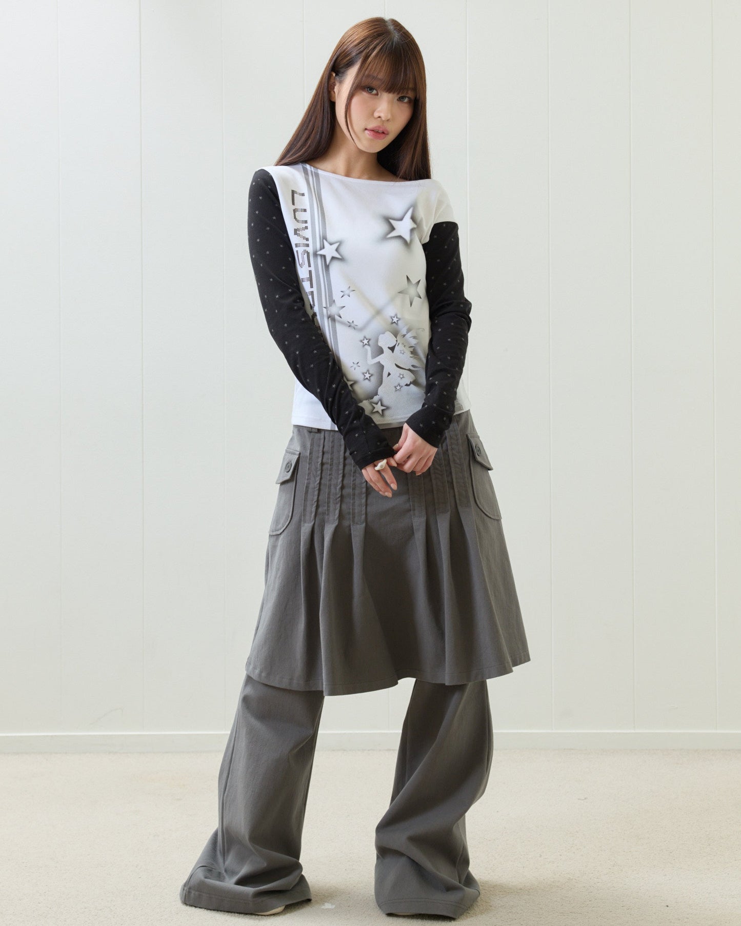 （韓国発送）EL PLEATED SHIRRING SKIRT PANTS (GRAY)