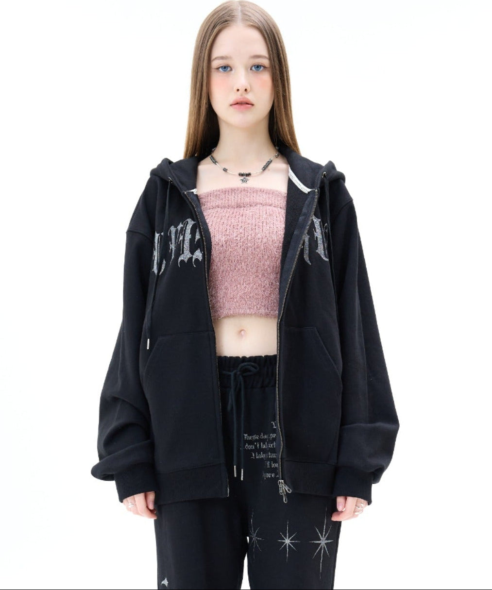 （韓国発送）MZ 2-WAY GLITTER HOOD ZIP UP (BLACK)