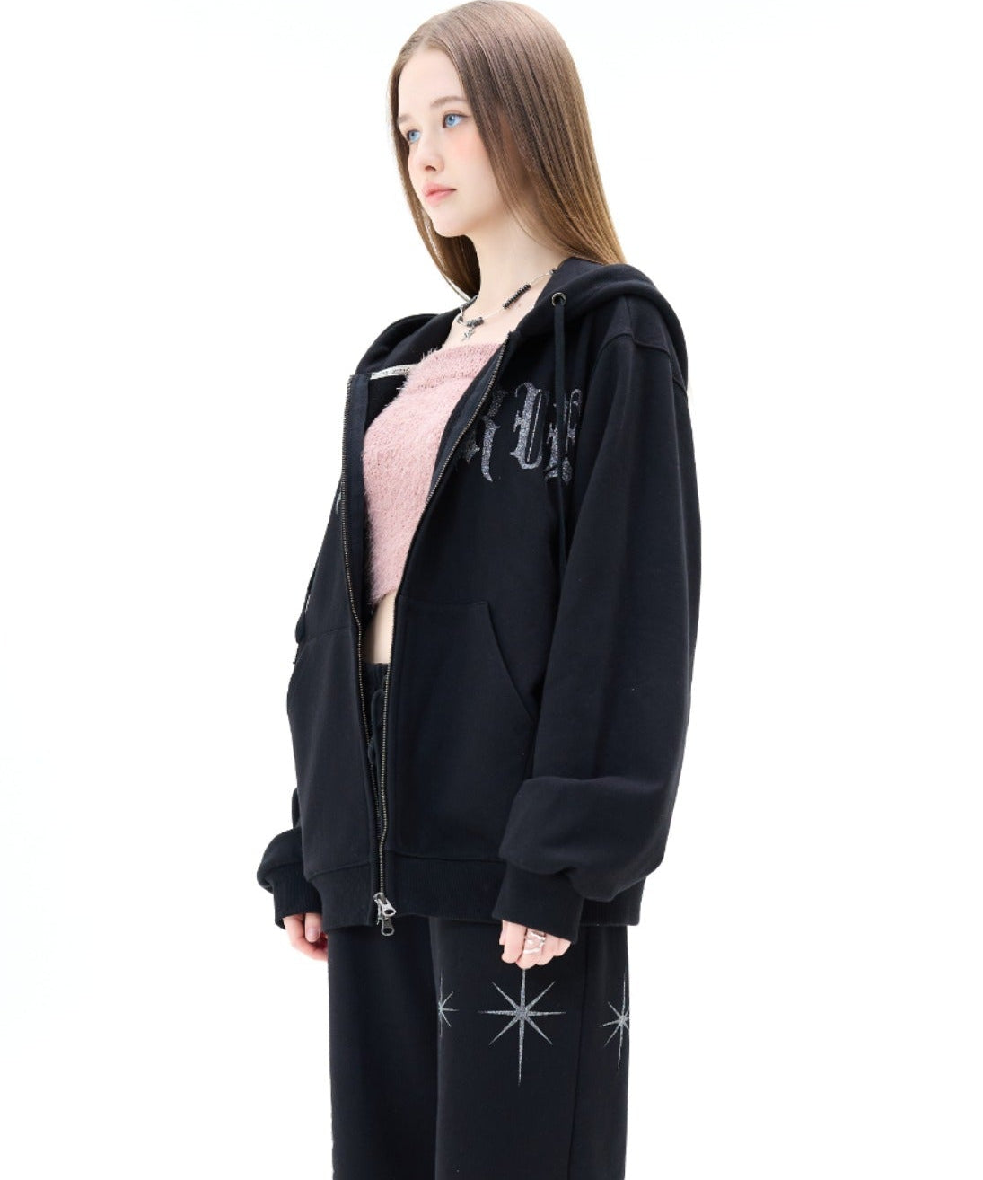 （韓国発送）MZ 2-WAY GLITTER HOOD ZIP UP (BLACK)