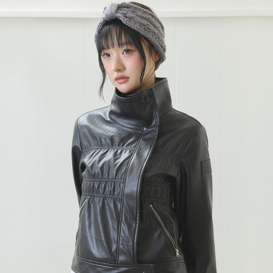【女優 チェ・ヒジン着用】（韓国発送）EL SHIRRING LEATHER JACKET (BLACK)