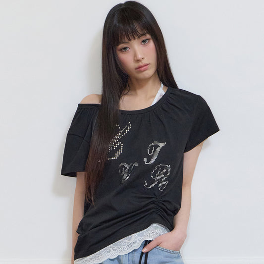（韓国発送）SY LACE SHIRRING TEE (BLACK)