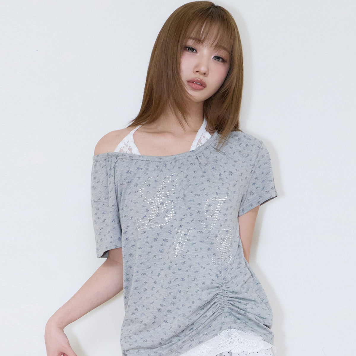（韓国発送）SY LACE SHIRRING TEE (GRAY)