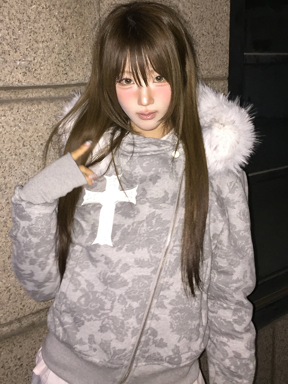 （韓国発送）GT FUR UNBALANCE HOOD ZIP UP (GRAY)